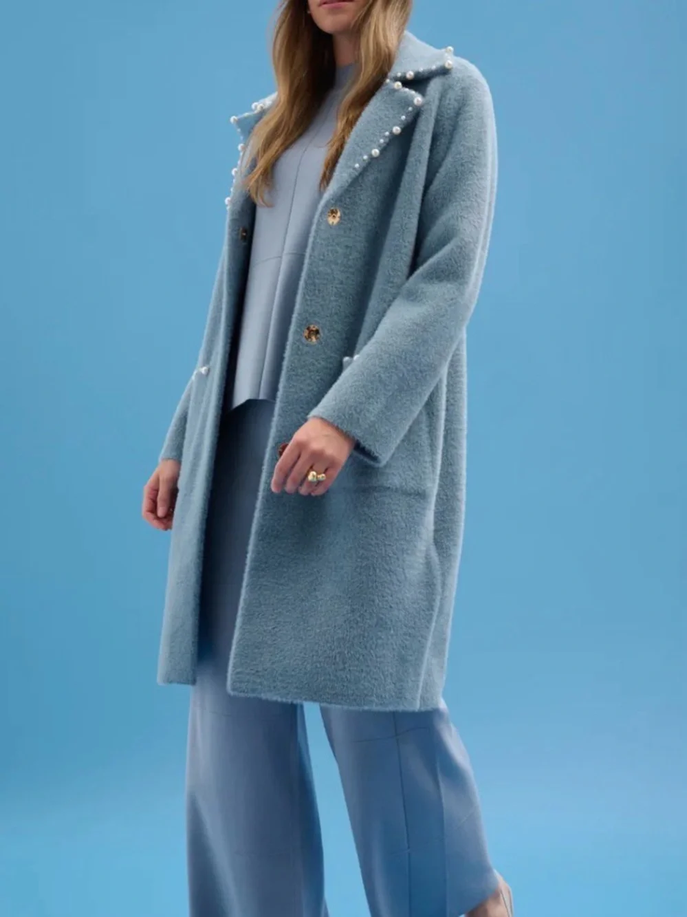 Joseph Ribkoff Feather Yarn Pearl Sweater Coat Chambray Blue NWT Size XS 261997 - Picture 1 of 9